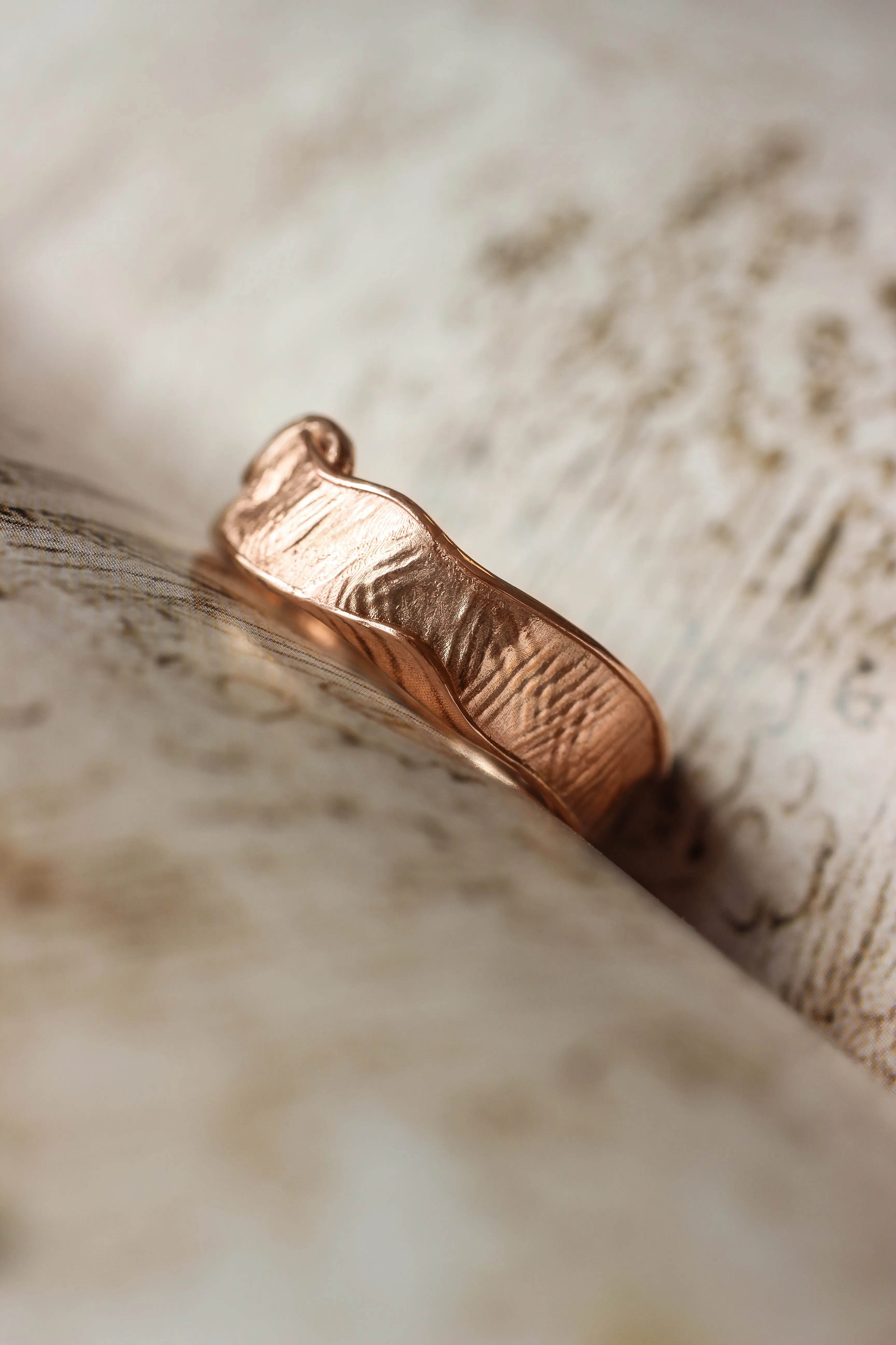 Textured wedding bands set for couple, melted rings with fabric texture