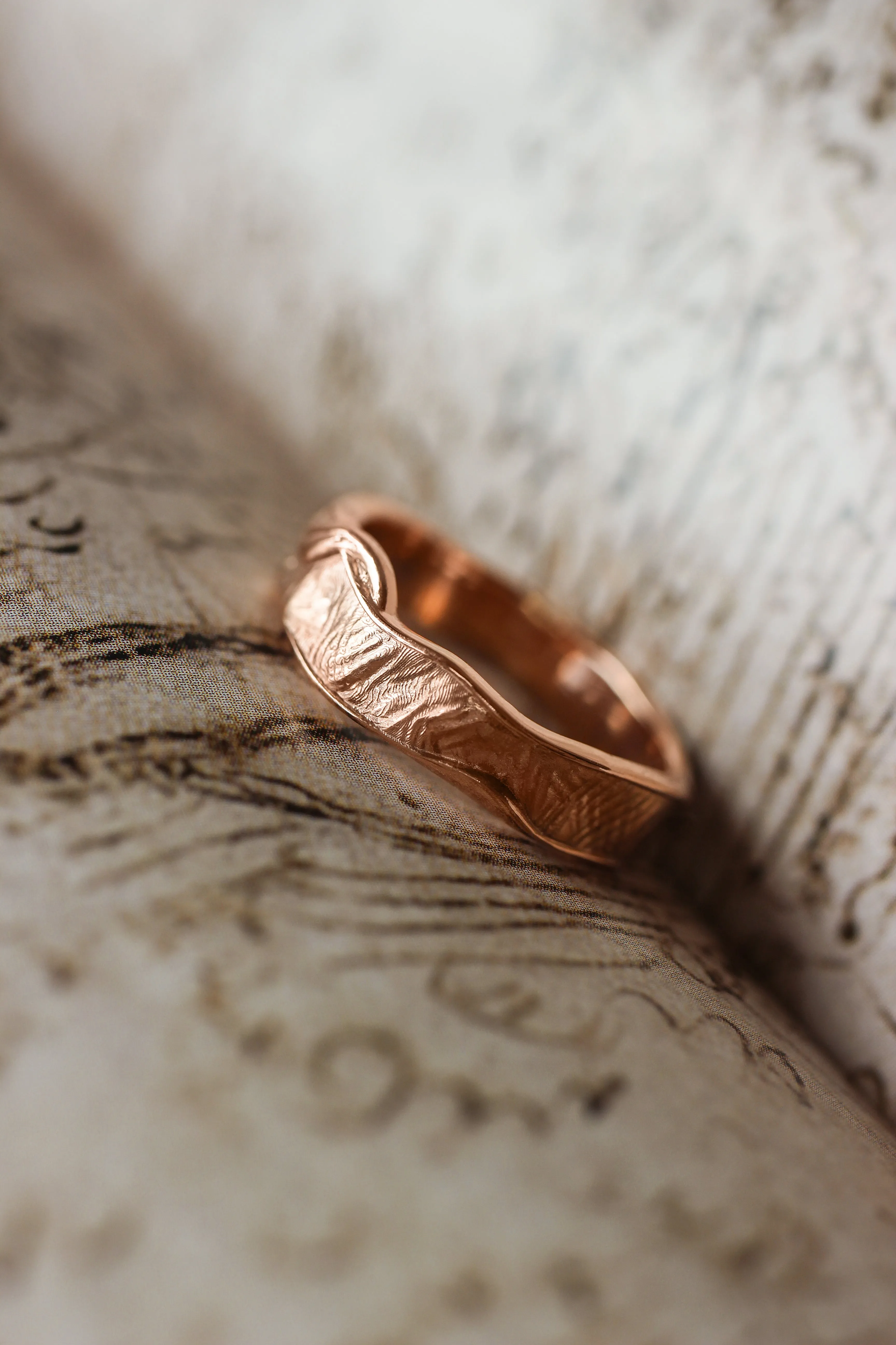 Textured wedding bands set for couple, melted rings with fabric texture