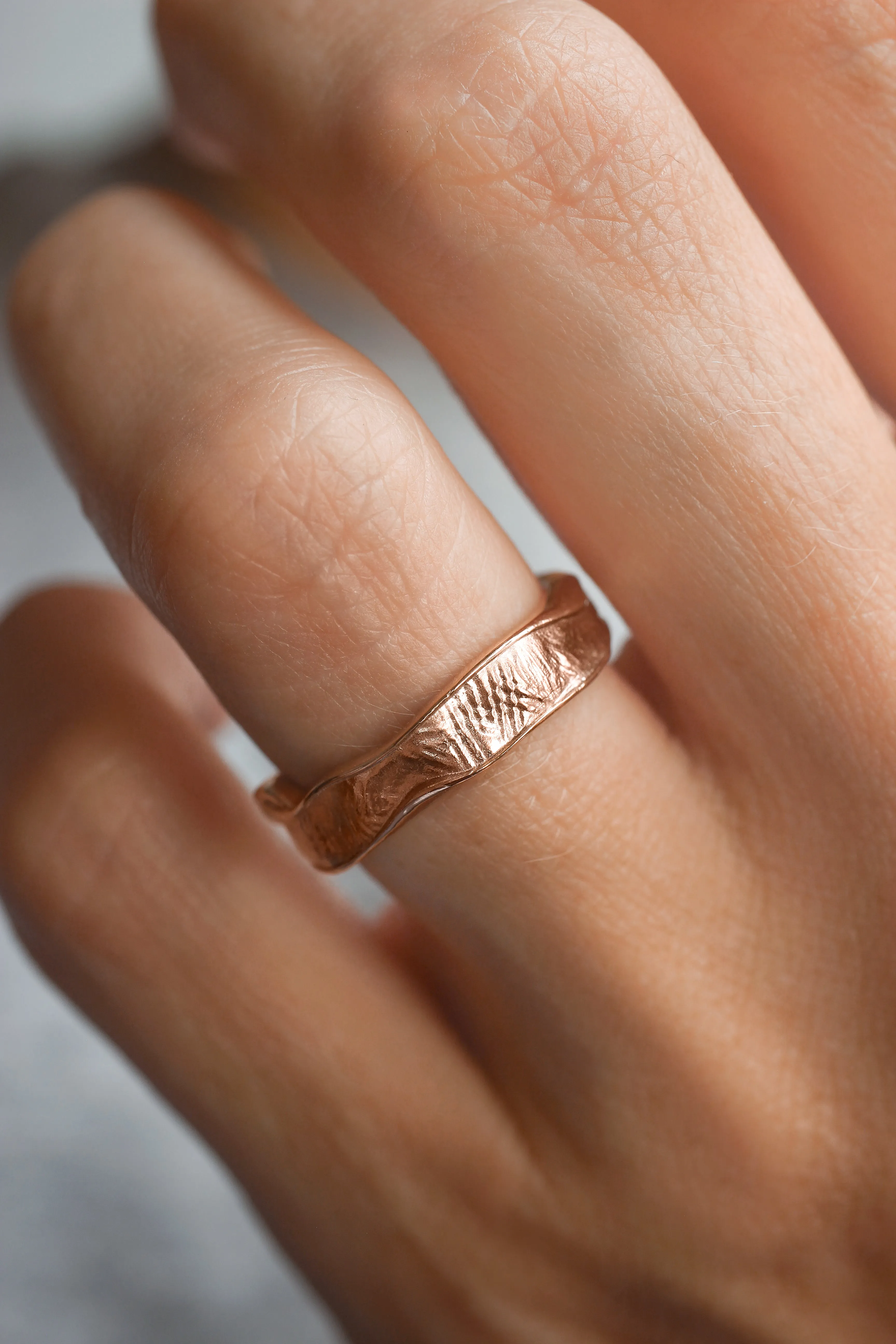 Textured wedding bands set for couple, melted rings with fabric texture