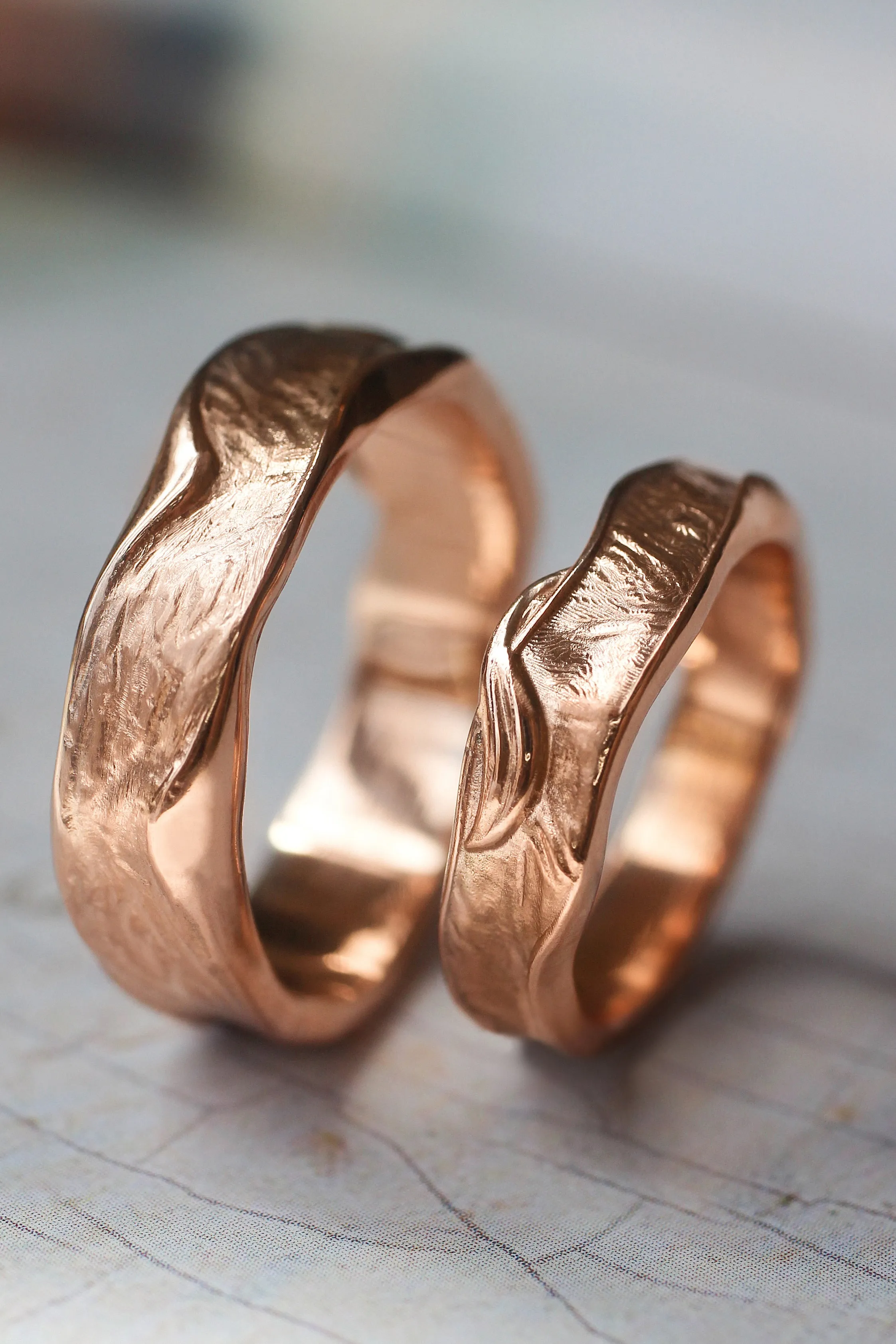 Textured wedding bands set for couple, melted rings with fabric texture