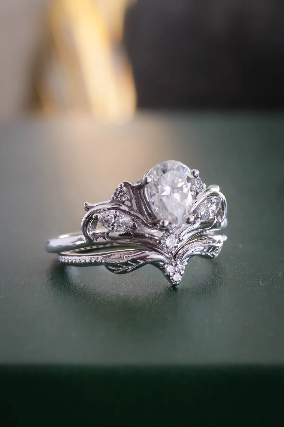 Unique bridal ring set with pear shaped moissanite / Swanlake