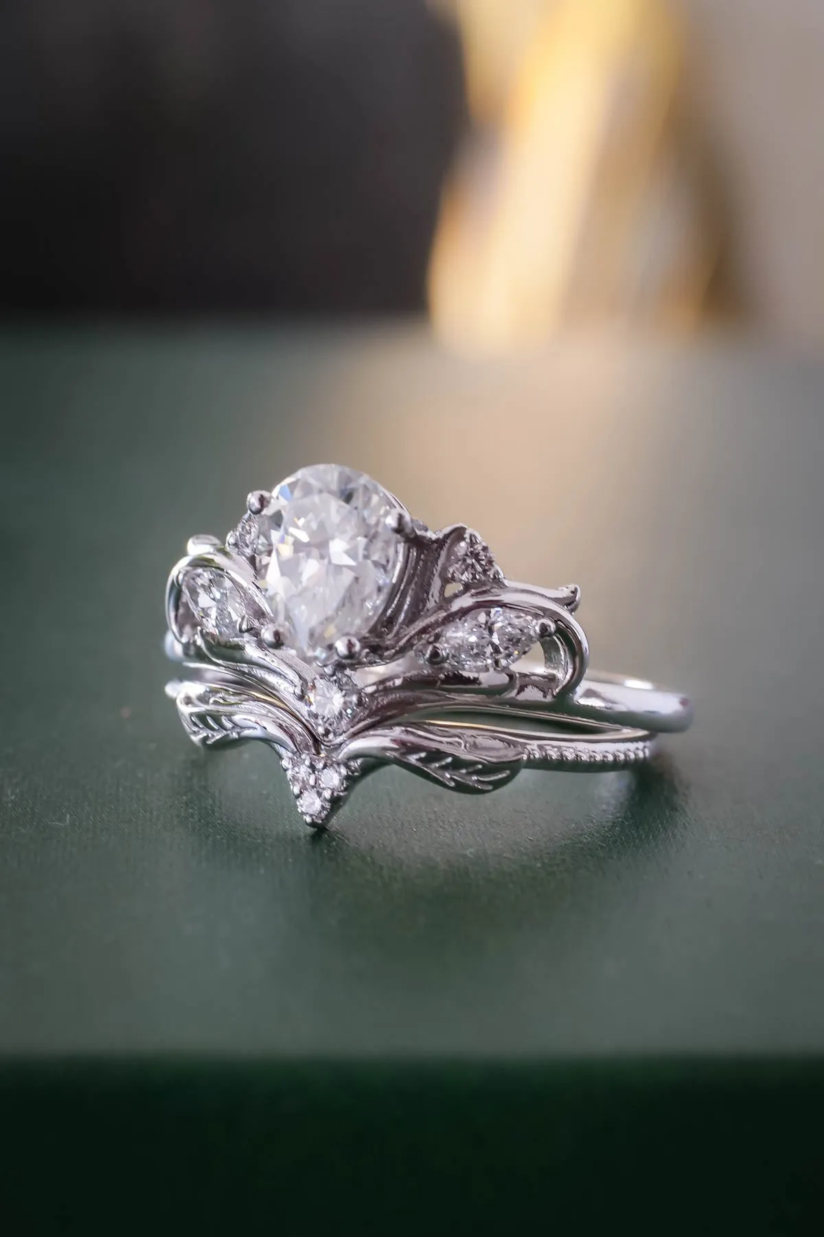 Unique bridal ring set with pear shaped moissanite / Swanlake