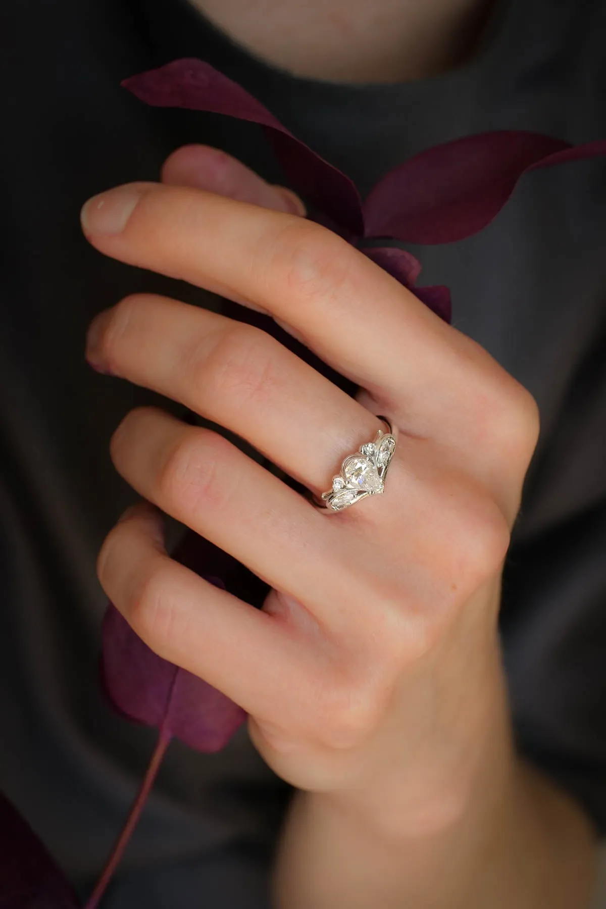 Unique bridal ring set with pear shaped moissanite / Swanlake