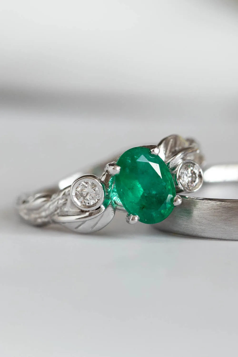 Wedding bands set for couple: white gold satin wedding band for him, Arius ring set with natural emerald for her