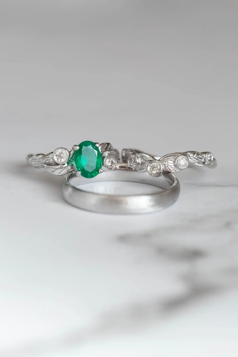 Wedding bands set for couple: white gold satin wedding band for him, Arius ring set with natural emerald for her