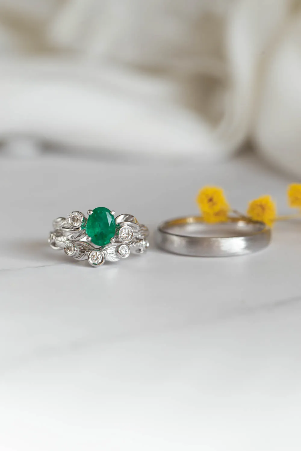 Wedding bands set for couple: white gold satin wedding band for him, Arius ring set with natural emerald for her