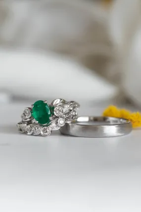 Wedding bands set for couple: white gold satin wedding band for him, Arius ring set with natural emerald for her