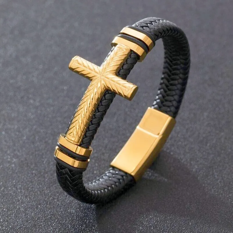 WWJD Fashion Classic Black Woven Leather Inlaid Cross Magnetic Bracelet