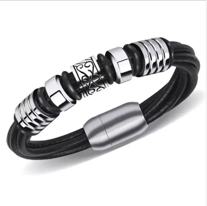 WWJD Fashion Classic Black Woven Leather Inlaid Cross Magnetic Bracelet