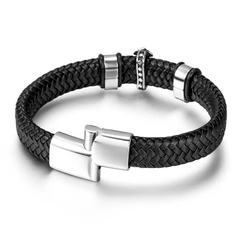 WWJD Fashion Classic Black Woven Leather Inlaid Cross Magnetic Bracelet