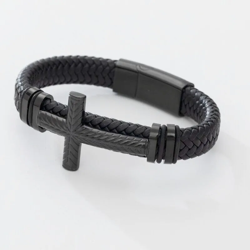 WWJD Fashion Classic Black Woven Leather Inlaid Cross Magnetic Bracelet