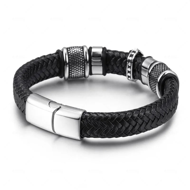 WWJD Fashion Classic Black Woven Leather Inlaid Cross Magnetic Bracelet