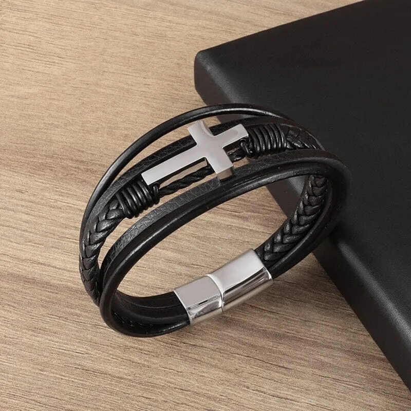 WWJD Fashion Classic Black Woven Leather Inlaid Cross Magnetic Bracelet