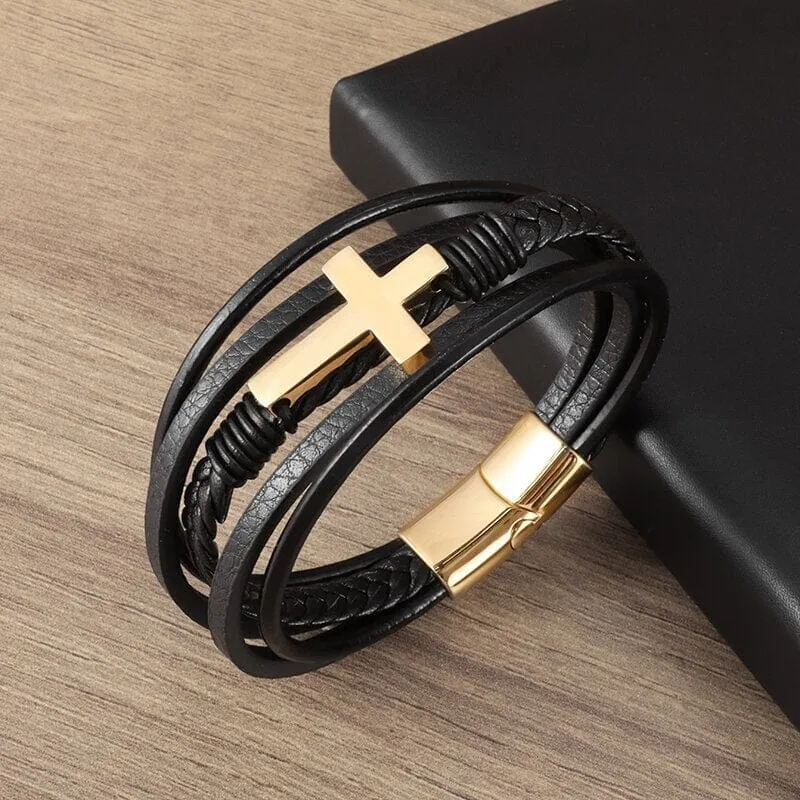 WWJD Fashion Classic Black Woven Leather Inlaid Cross Magnetic Bracelet