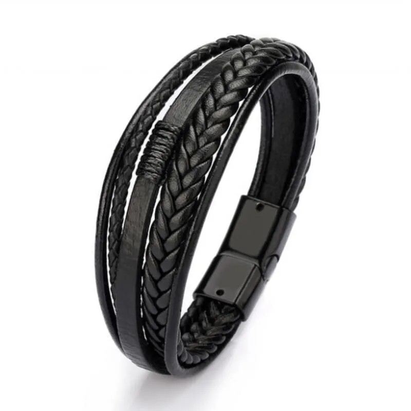 WWJD Fashion Classic Black Woven Leather Inlaid Cross Magnetic Bracelet