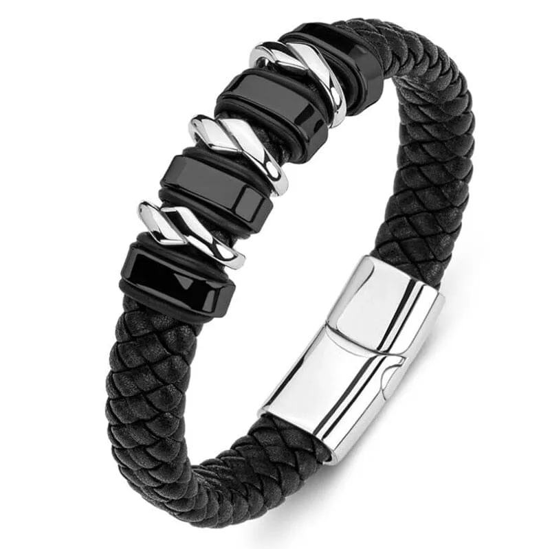 WWJD Fashion Classic Black Woven Leather Inlaid Cross Magnetic Bracelet