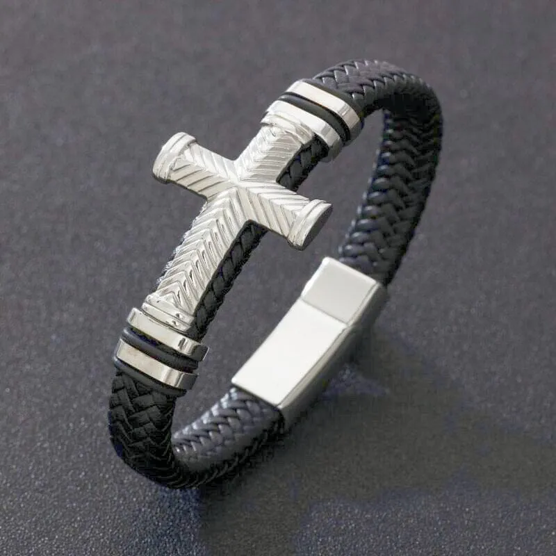 WWJD Fashion Classic Black Woven Leather Inlaid Cross Magnetic Bracelet