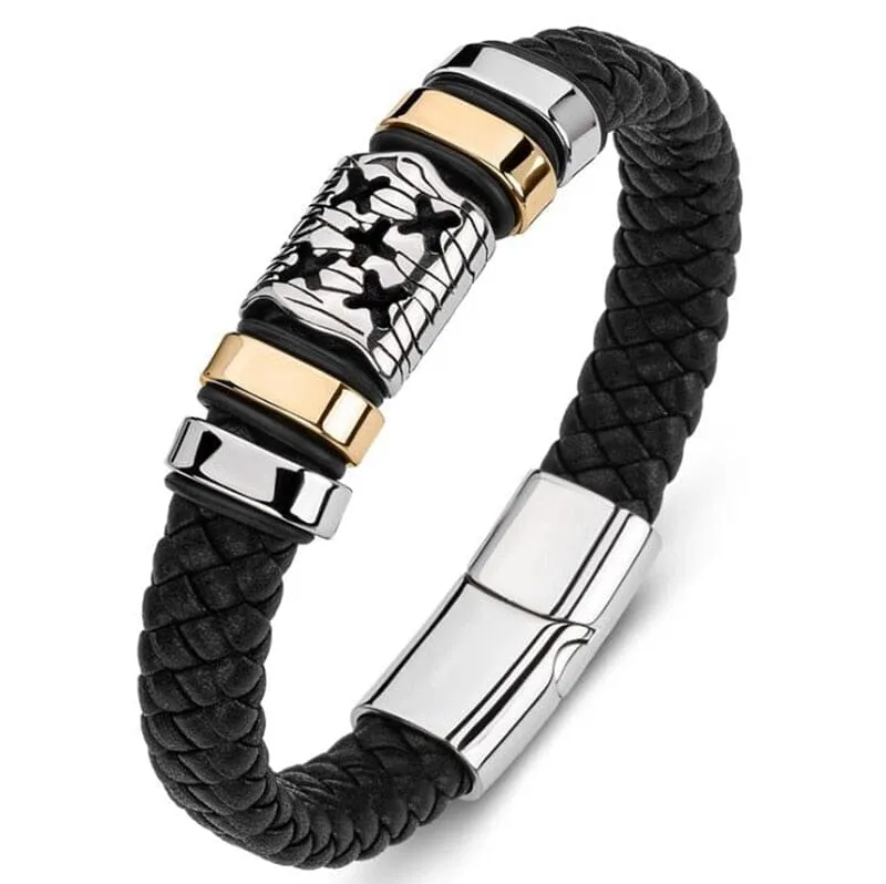 WWJD Fashion Classic Black Woven Leather Inlaid Cross Magnetic Bracelet