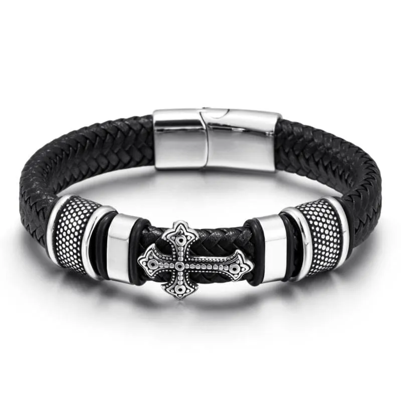 WWJD Fashion Classic Black Woven Leather Inlaid Cross Magnetic Bracelet